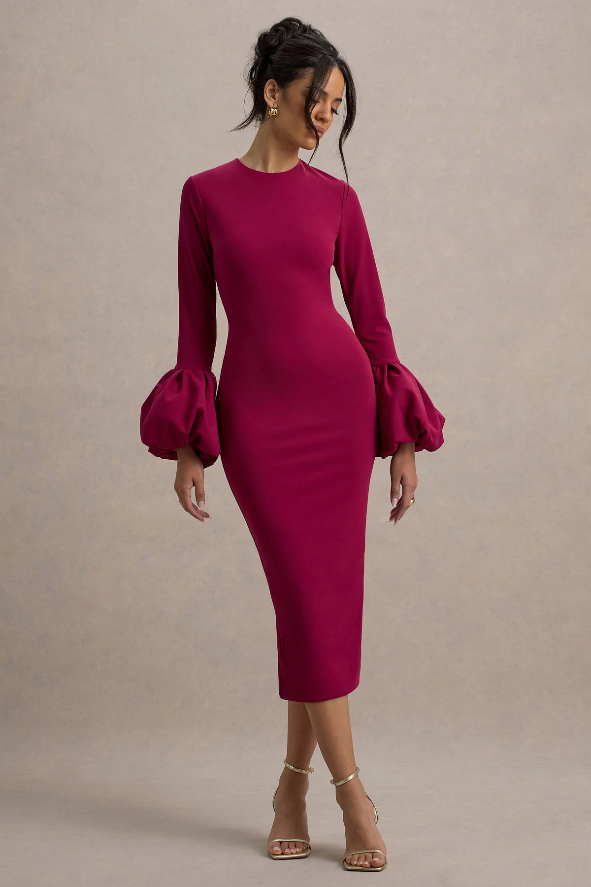 Celie | Mulberry Long-Sleeve Midi Dress With Puff Cuffs