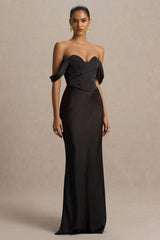 Perenna | Black Satin Sweetheart-Neck Maxi Dress With Draped-Sleeves