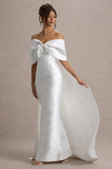 Wanting More | Off White Satin Cape Maxi Dress With Oversized Bow