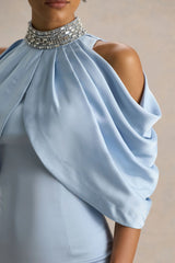 Sulliana | Powder Blue Satin High-Neck Maxi Dress With Embellished Detail And Cape Sleeves