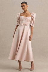 Rosey | Pale Pink Satin Sweetheart Midi Dress