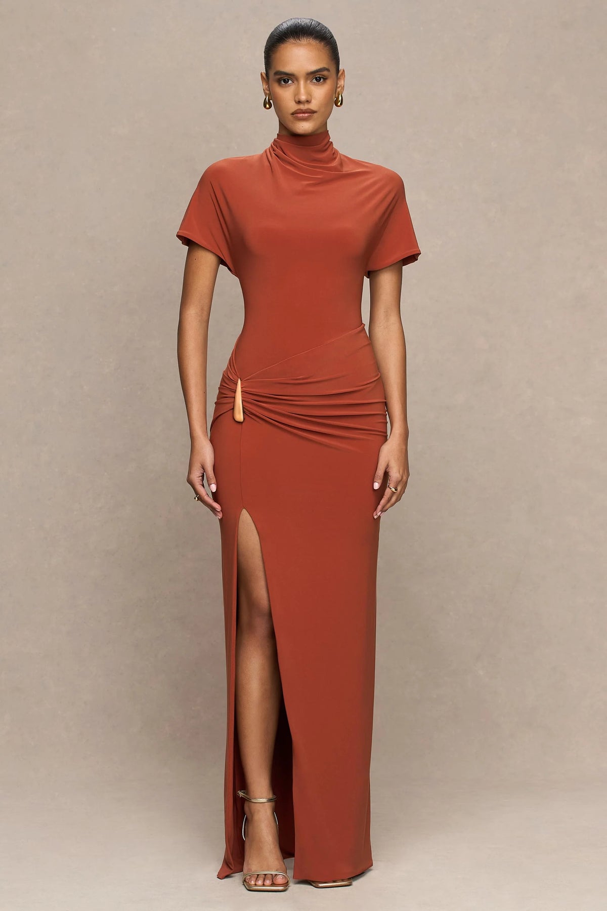 Arlena | Rust High-Neck Wrapped Maxi Dress