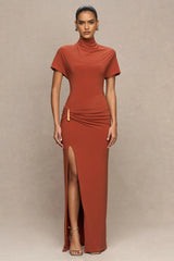 Arlena | Rust High-Neck Wrapped Maxi Dress