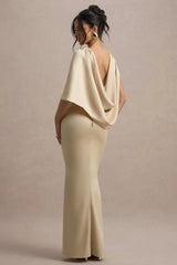 Ambra | Champagne Satin One-Shoulder Cape Maxi Dress