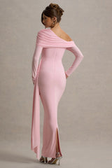 Valina | Pink Ruched Asymmetric Maxi Dress With Drape