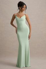 Francoise | Light Green Cowl Neck Backless Maxi Dress With Lace Insert
