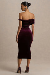 Billie | Burgundy Velvet Bardot-Neck Midi Dress With Twist-Sleeve