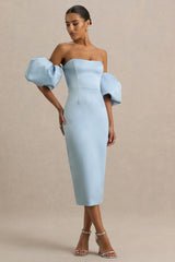 Imogen | Powder Blue Satin Short-Sleeve Bardot Midi Dress With Ruffle Detail