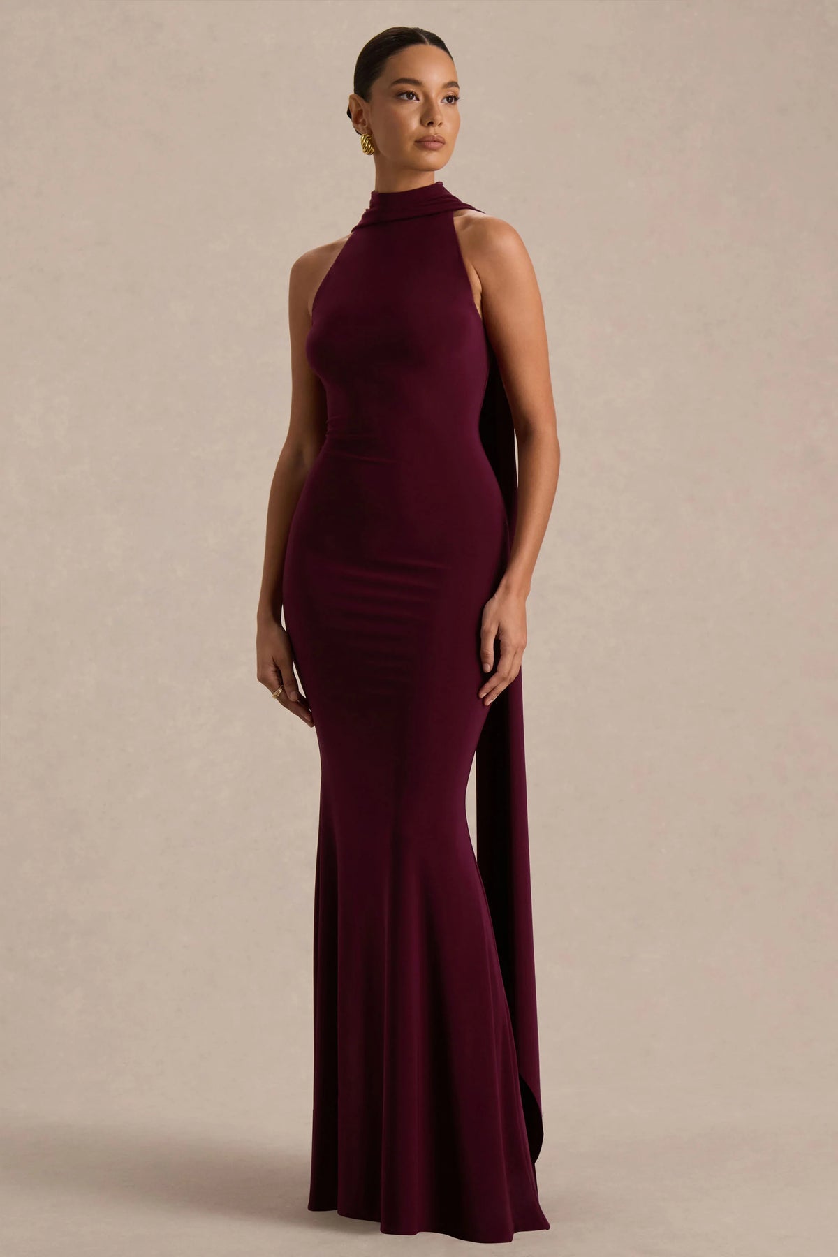 Cordy | Burgundy High-Neck Maxi Dress With Scarf-Detail