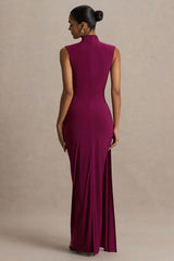 Solene | Burgundy High-Neck Maxi Dress With Wrap And Drape Detail