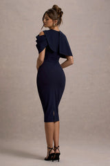 Dorothea | Navy Draped Midi Dress With Cape