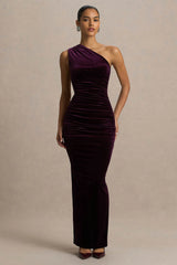 Treat | Burgundy Velvet Asymmetric-Neck Maxi Dress With Ruched Detailing.