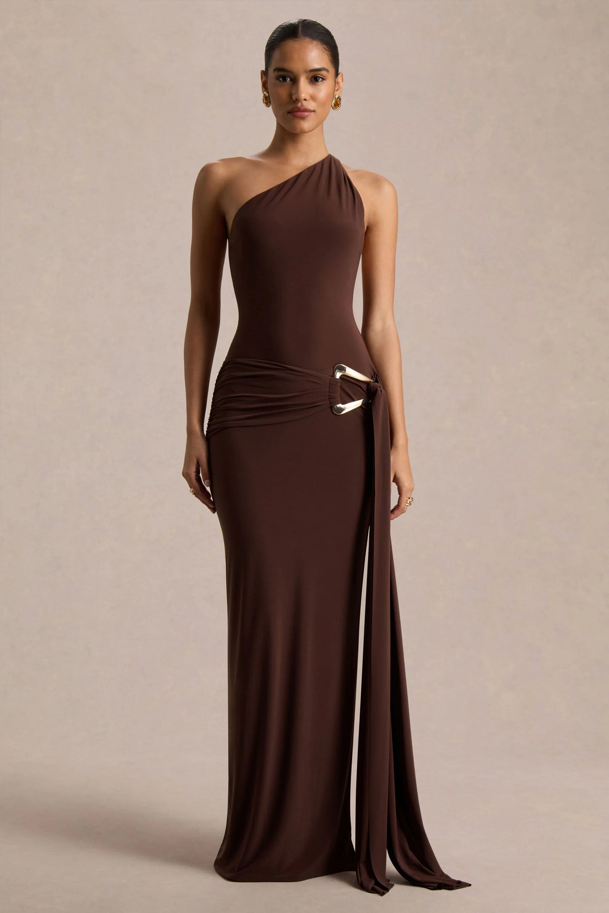 Bonnie | Brown Asymmetric-Neck Maxi Dress With Open-Back