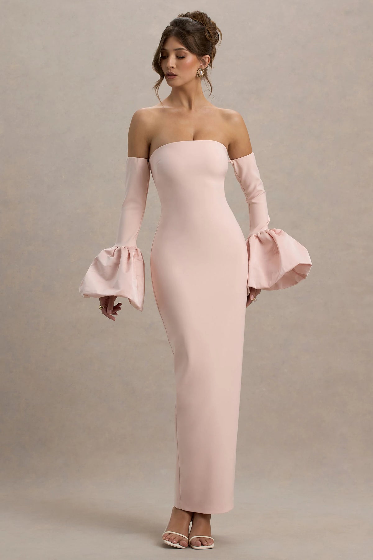 Myah | Pink Bandeau Long-Sleeve Maxi Dress With Puff Cuffs