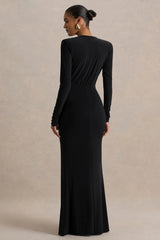 Flashy | Black Plunge-Neck Maxi Dress With Ruched Detailing