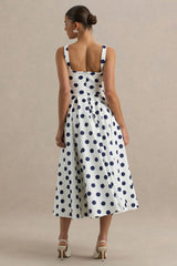 Berta | White And Navy Polka-Dot Square-Neck Midi Dress