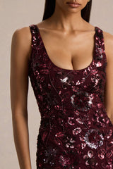 Moonshine | Burgundy Floral Sequin Embellished Square-Neck Mini Dress