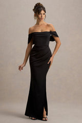 Annie | Black Satin Bardot Maxi Dress With Split Wrap Skirt