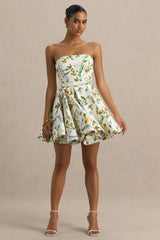 Valerian | White Botanical Print Bandeau Mini Dress With Ruffle Hem