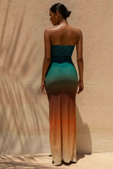 Laviza | Teal Ombre Print Strapless Cut-Out Wrap Maxi Dress