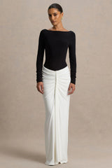 Matilda | Black And White Boat-Neck Maxi Dress With Ruched Detailing