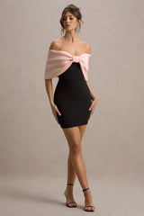Sadie | Black & Pink Bow Bardot Mini Dress