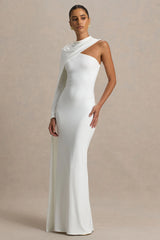 Dawn | Cream High-Neck Maxi Dress With One Long Cape-Sleeve