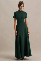 Alea | Dark Green High-Neck Short-Sleeve Maxi Dress