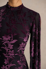 Janet | Black And Burgundy Devore High-Neck Maxi Dress With Cut-Out Details