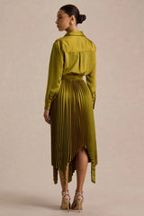 Naxos | Olive Satin Shirt Maxi Dress With Pleated Skirt