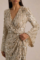 Carmina | Gold Sequin Plunge-Neck Wrap Mini Dress With Sash Detail