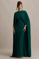 Padma | Bottle Green Draped Maxi Dress With Cape Sleeves