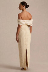 Solora | Cream Lace Twisted Bardot-Neck Maxi Dress