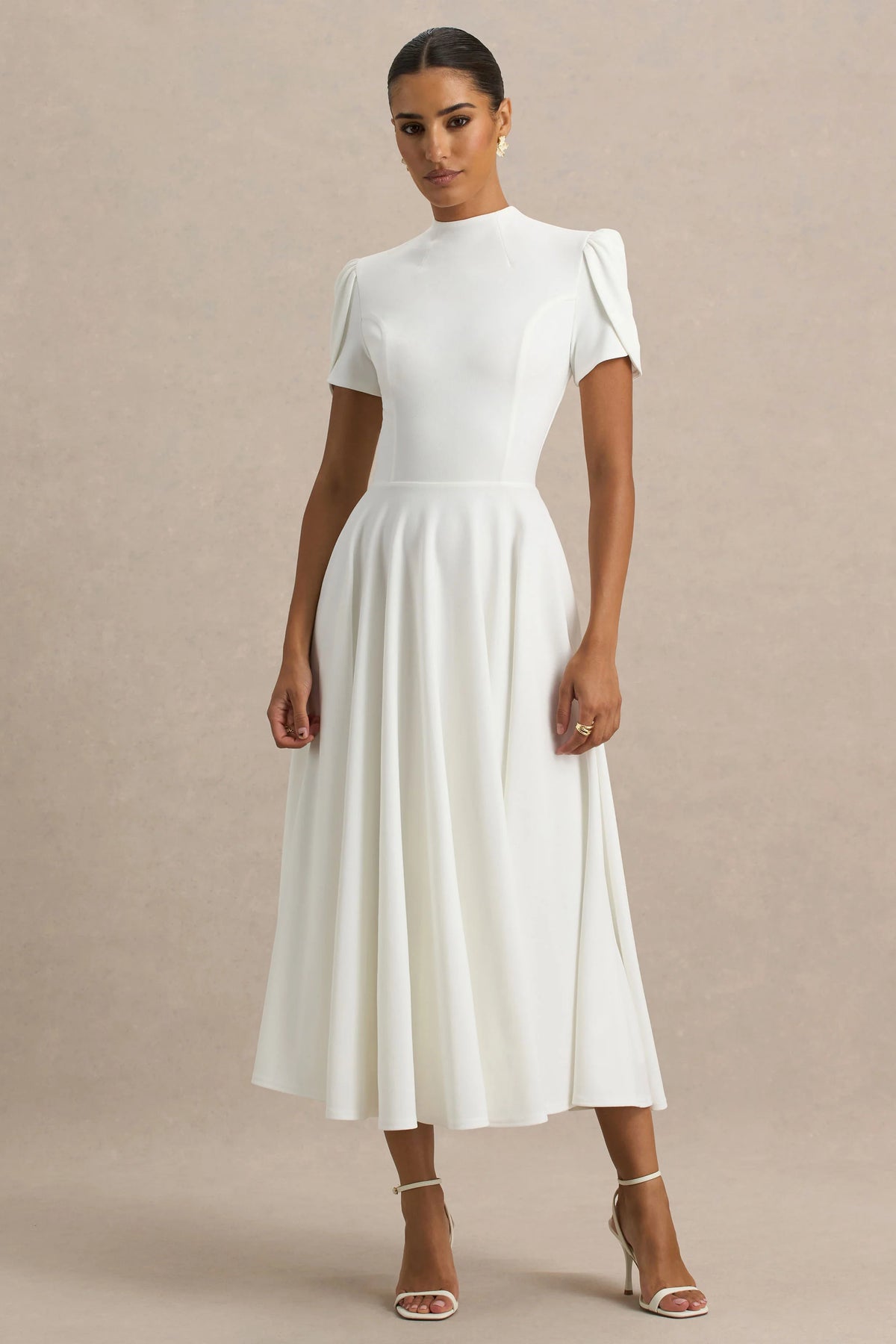 Vicky | White High Neck Midi Dress With Puff Sleeves