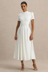 Vicky | White High Neck Midi Dress With Puff Sleeves