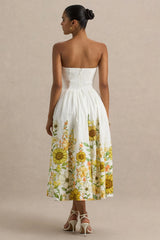 Ivory | Sunflower Print Bandeau High-Low Midi Dress