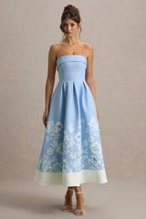 Annalise | Light Blue Floral Print Bandeau Skater Midi Dress