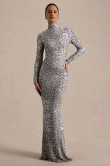 Galaxy | Silver Sequin Turtle-Neck Long-Sleeve Maxi Dress