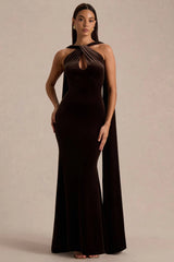 Layli | Brown Velvet Halter-Neck Maxi Dress With Cape