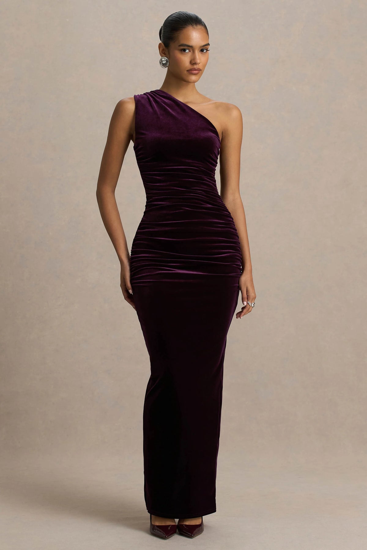 Treat | Burgundy Velvet Asymmetric-Neck Maxi Dress With Ruched Detailing.