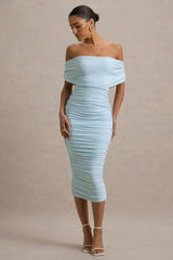 Rayleigh | Powder Blue Bardot Ruched Midi Dress