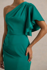 Unforgettable | Bottle Green Asymmetric-Neck Maxi Dress With Ruffled Detailing