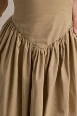 Comet | Tan Linen Maxi Dress with Plunge Neckline and Front High Split