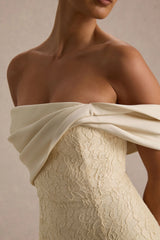 Solora | Cream Lace Twisted Bardot-Neck Maxi Dress