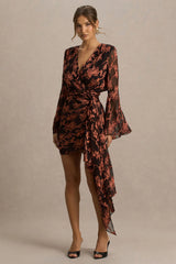 Lindsey | Black And Rust Plunge-Neck Wrap Mini Dress With Bell Sleeves And Sash Detail