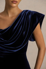 High End | Navy Velvet Asymmetric-Neck Midi Dress With Draped Detailing