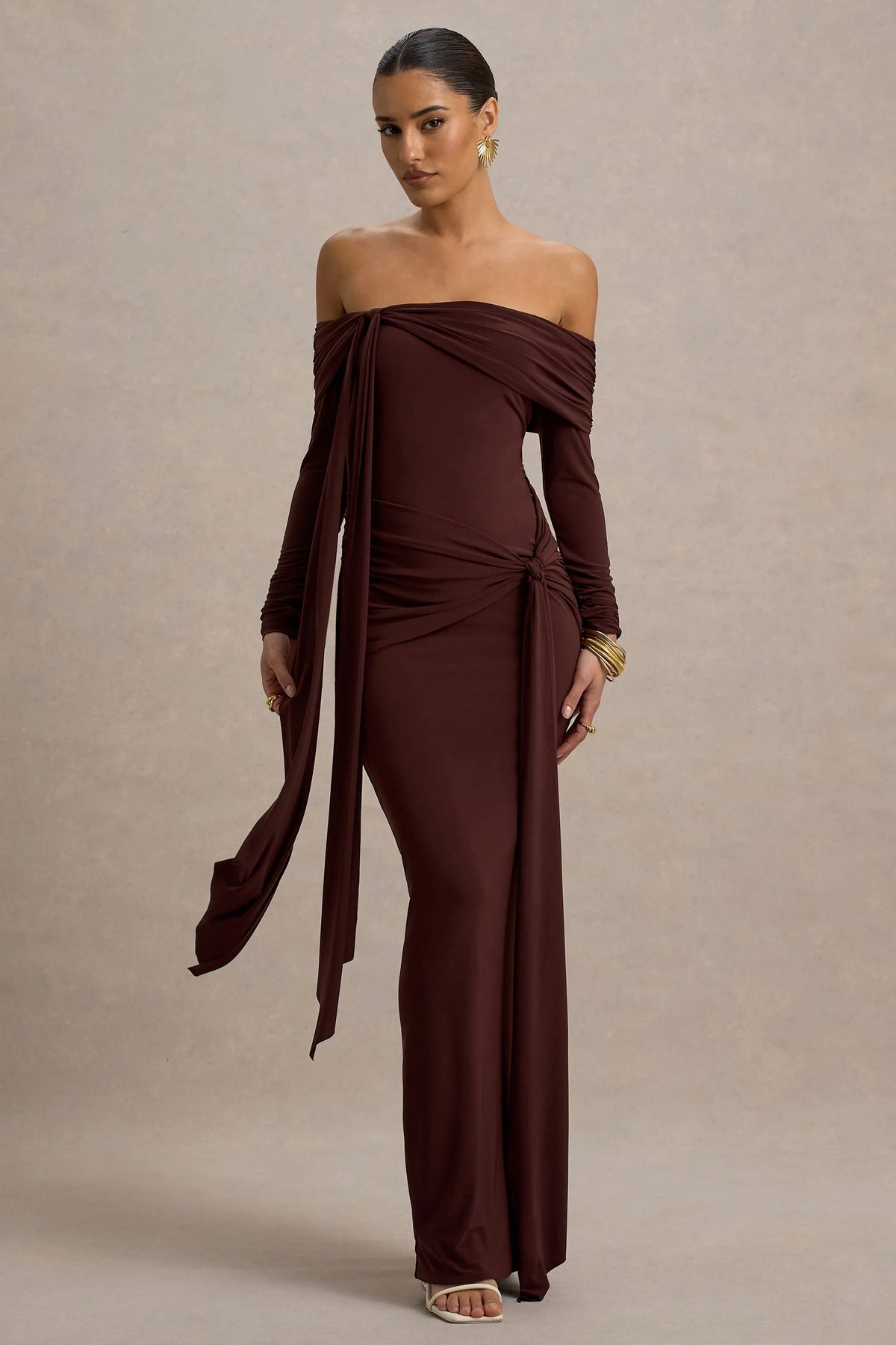Jovie | Brown Bardot Wrap Maxi Dress With Sash Detail
