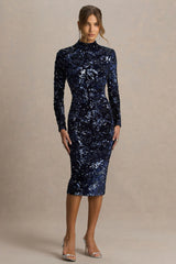 Alanita | Navy Velvet And Sequin Embellished High-Neck Midi Dress With Long Sleeves