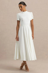 Vicky | White High Neck Midi Dress With Puff Sleeves