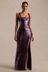 High Life | Plum Sequin Square-Neck Maxi Dress With Front-High Split